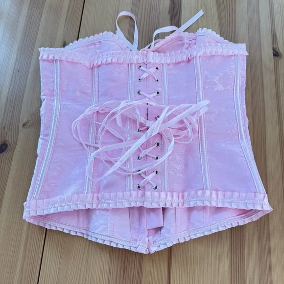 Pink Corset Lace Up Coquette Dainty Dollette Bows Ruffle Fashion Corset - Picture 4 of 7